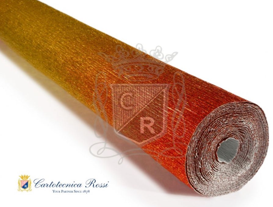 Nuanced Italian Crepe Paper 180gms, Full roll 50cm x 250cm - Metallic Shaded Gold Red Gradient (801/1)