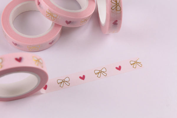 Bows and Hearts Skinny Washi Tape with Gold Foil Accents