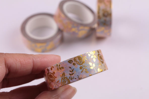 Gold Foil Roses on a Multicolour Pastel Washi Tape