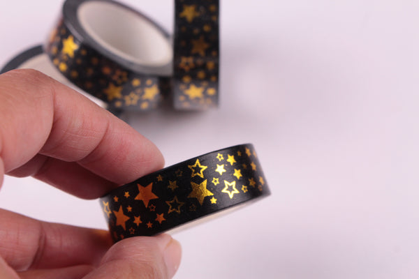 Gold Foil Stars on Black washi tape