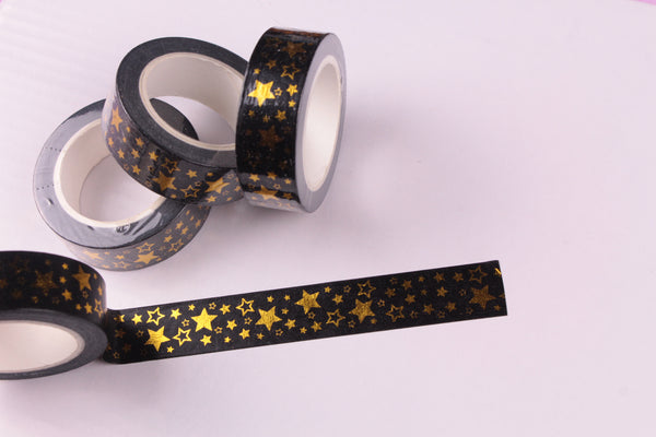 Gold Foil Stars on Black washi tape