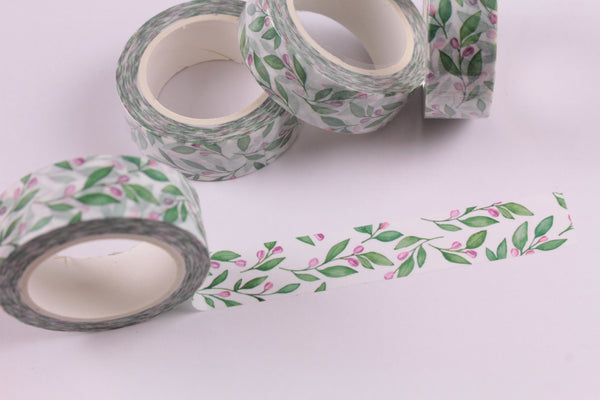 Green Leaves with Flower Buds Washi Tape