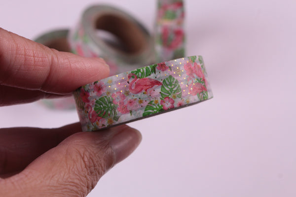 Tropical Flowers and Flamingoes with Gold Foil Accents Washi Tape