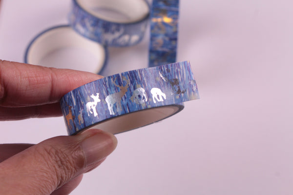 Silver Foil Reindeer on Blue Washi Tape