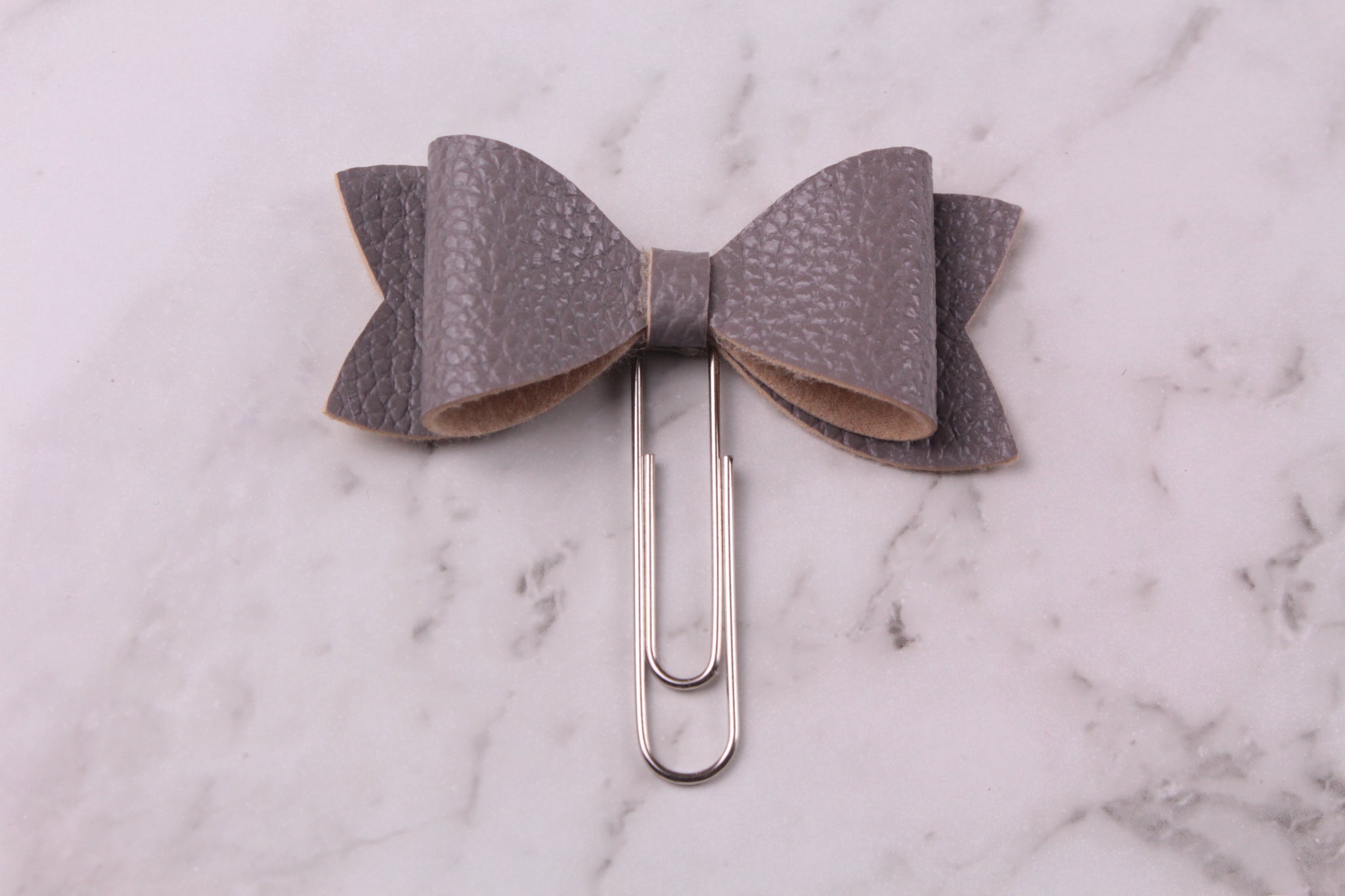 Grey Faux Leather Planner Bow Clip