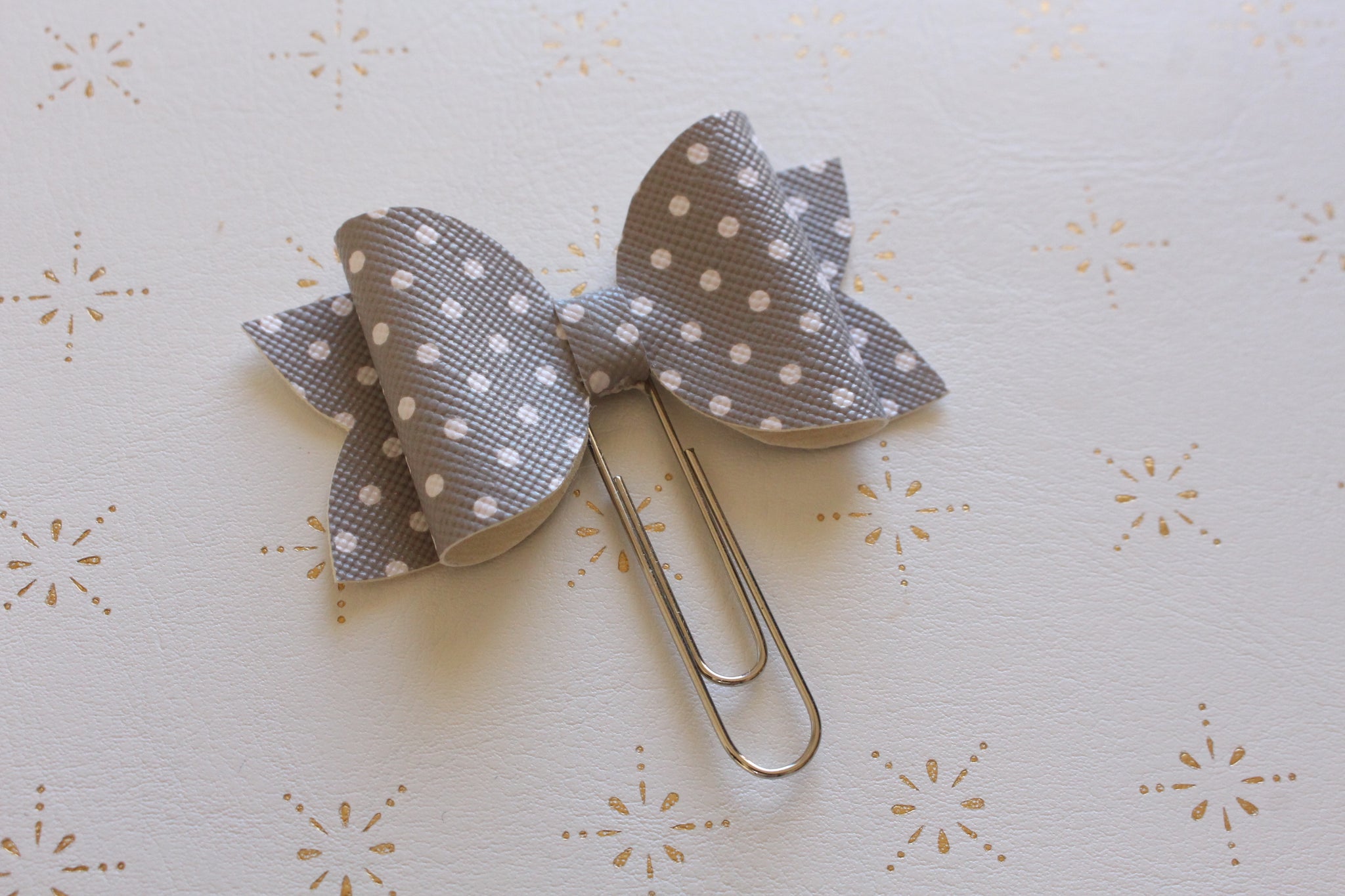 Grey and White Polka Dot Planner Bow Clip