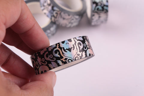 Ornate Silver foil skulls on black washi tape