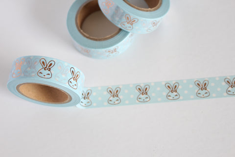 Pastel Blue and White Polka Dots Print with Rose Gold Bunnies Washi Tape