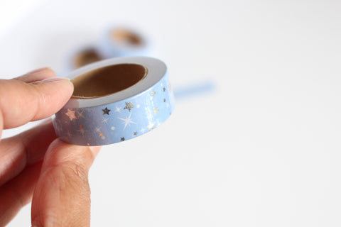 Periwinkle Blue with Silver Foil Stars Print Washi Tape
