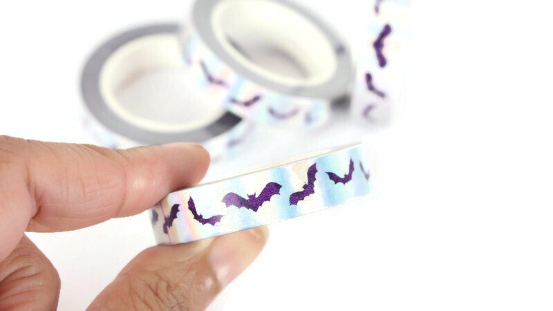 Purple Bats on Holographic Silver washi tape, Skinny washi tape