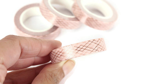 Rose Gold Foil Grid on pastel pink washi tape, Skinny washi tape