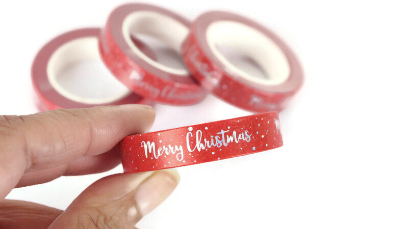 Silver Foil Merry Christmas on Skinny red washi tape