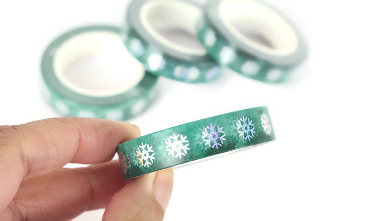 Silver Foil Snowflakes on Green Ombre washi tape