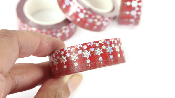 Silver Foil Snowflakes on a Red Tartan washi tape
