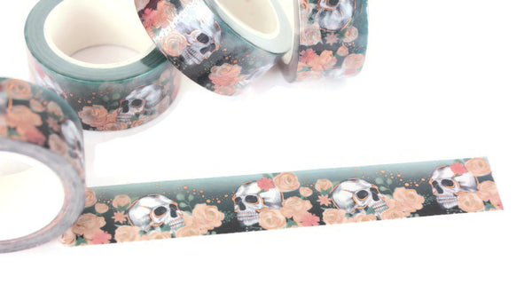 Skulls and Roses wide washi tape with Rose Gold Foil accents, 20mm washi tape
