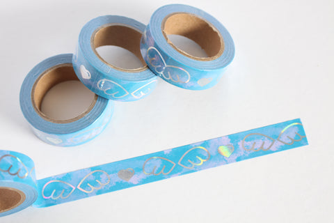 Sky Blue with Holographic Foil Angel Wings and Heart Print Washi Tape