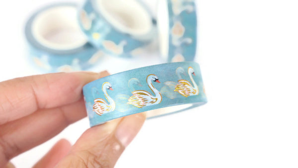 Swans on Pastel Blue washi tape with Gold Foil accents