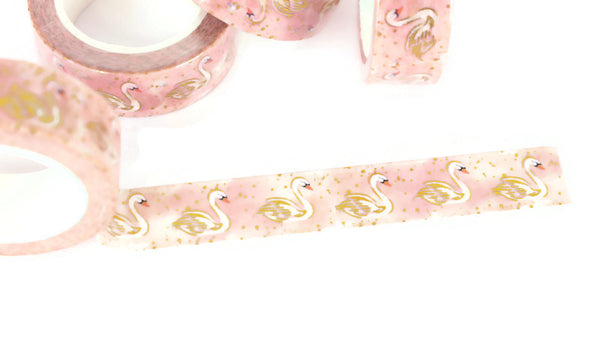 Swans on Pastel Pink washi tape with Gold Foil accents