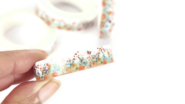 Skinny Orange Floral washi tape with Rose Gold Foil accents