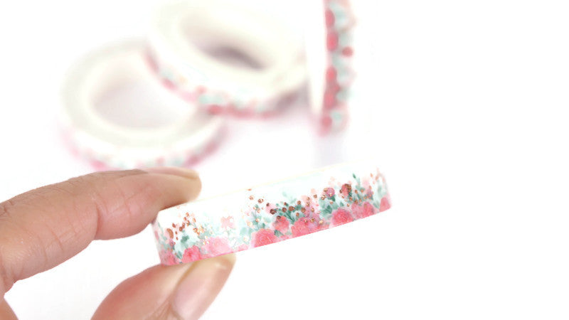Skinny Pink Floral washi tape with Rose Gold Foil accents