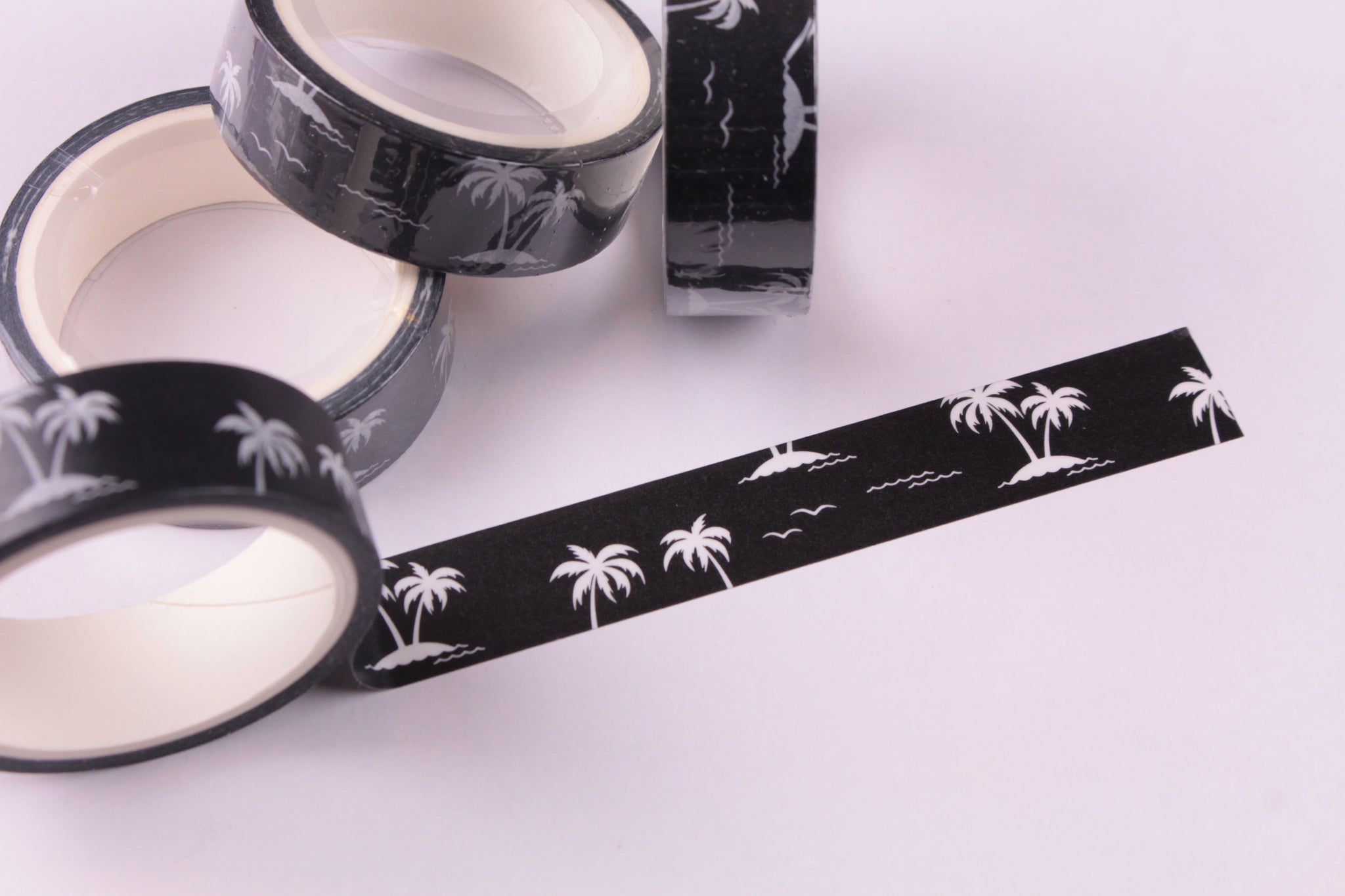 White Coconut Palm Trees on Black Washi Tape